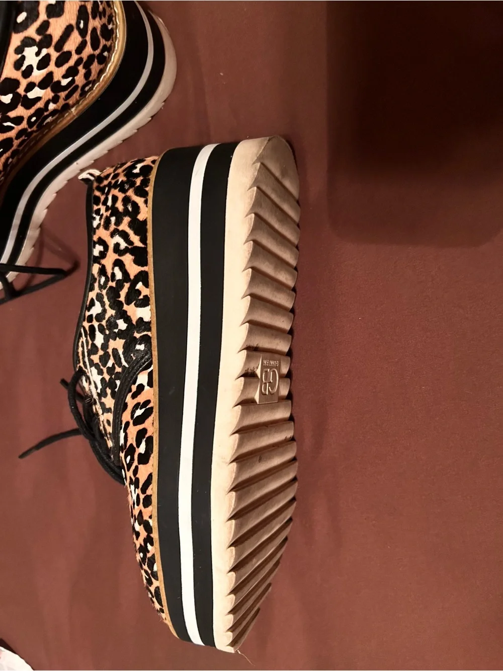 Giani Bini calf-hair leopard print, black/white stacked sole sz9 slaede oxford